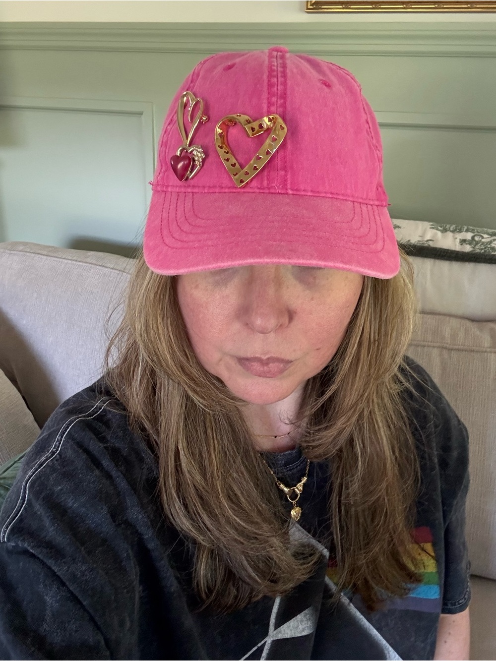 Pink Heart Pin Embellished Baseball Cap